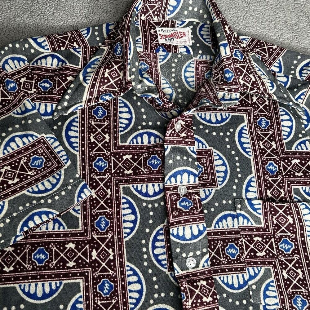 VINTAGE Arrow Shirt Mens M Scrambler Knit Geometric Polyester Disco 70s Funky